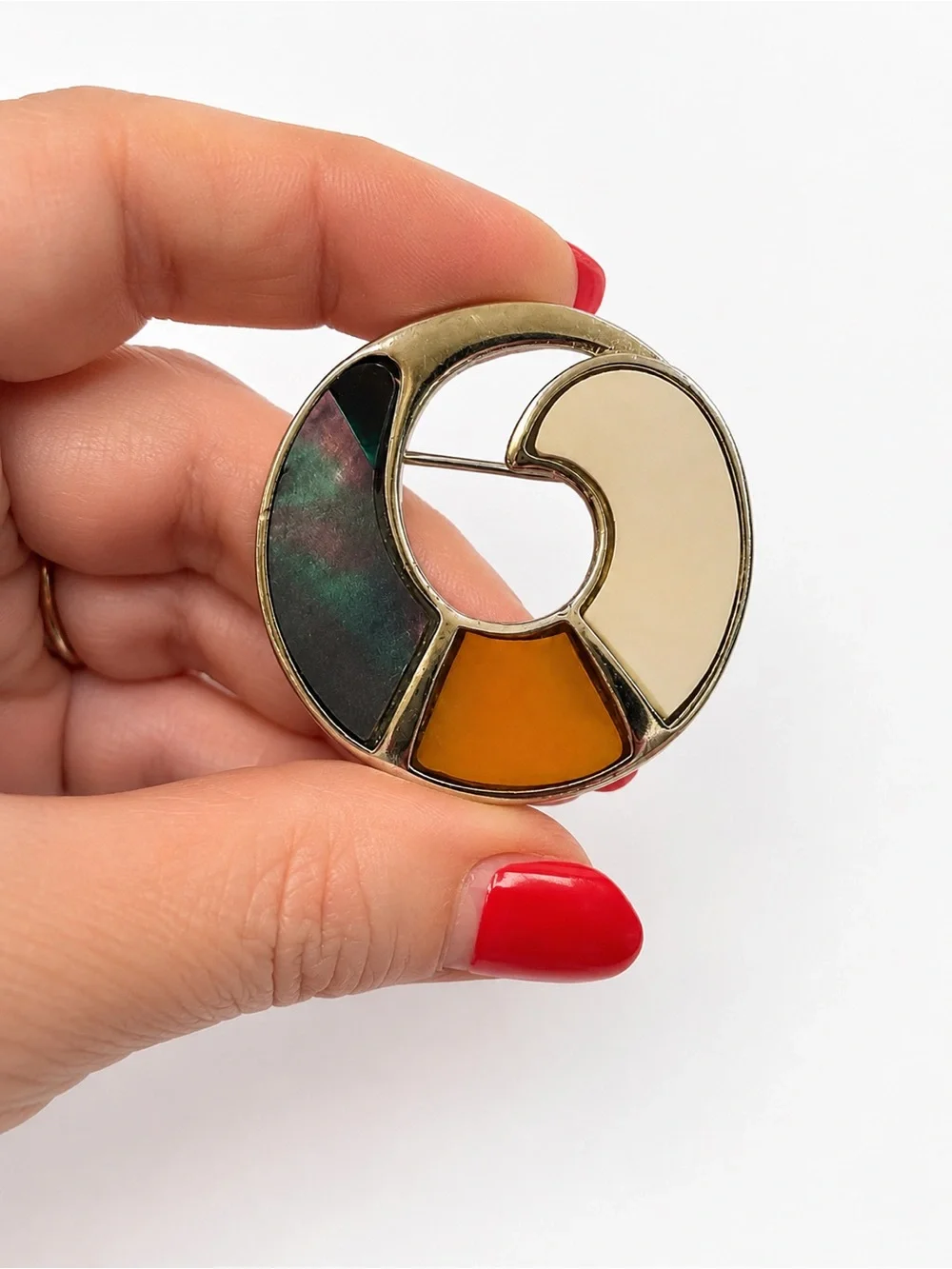 New‎ Modern Geometric Enamel Brooch Pin – Gray Iridescent, Ivory & Amber Orange